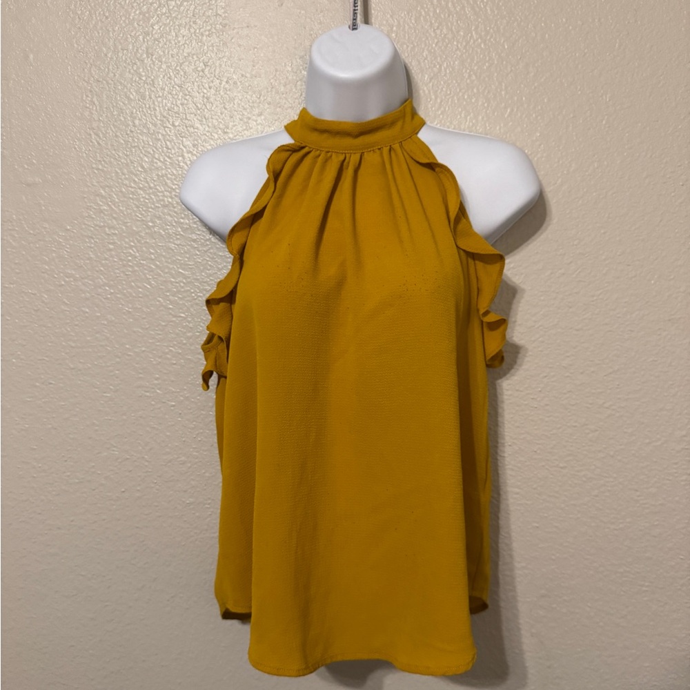 E&M Mustard Yellow Ruffle Cold Shoulder Blouse — Size S